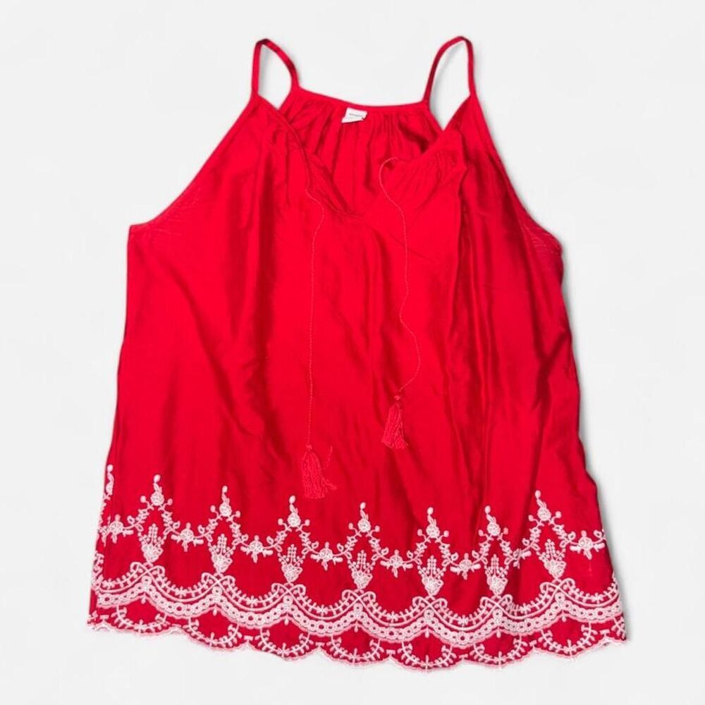 Old Navy Red Tank Top with White Embroidered Scallop Hem, SIZE LARGE